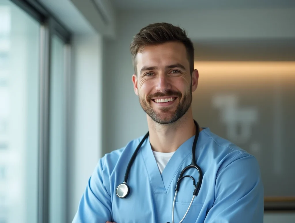 Doctor in blue scrubs, offering testosterone therapy consultations