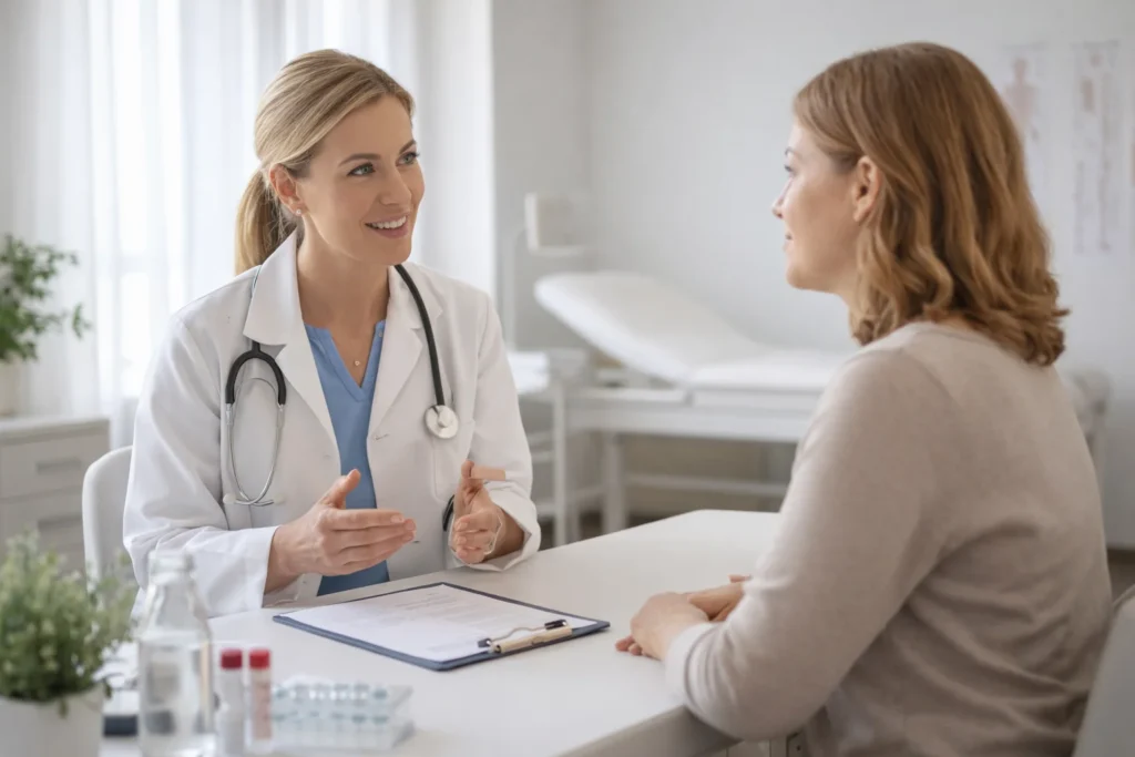 Doctor providing women’s hormone and metabolic support consultation to a patient.
