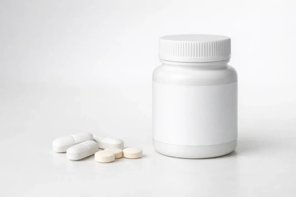 Tadalafil pills and bottle, commonly used to support erectile function and performance confidence.