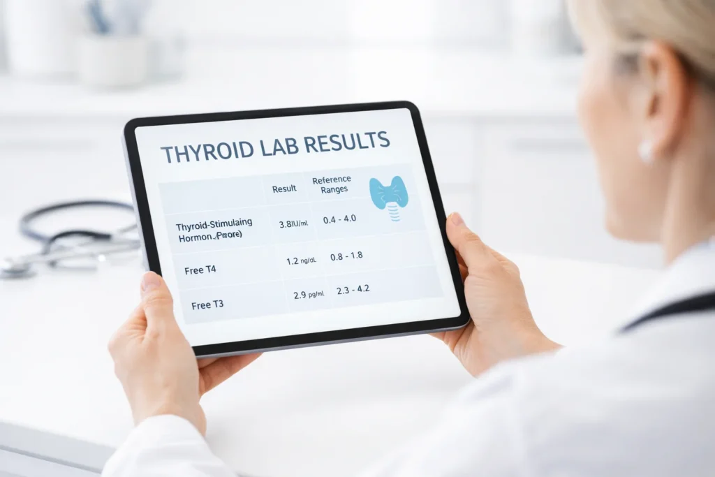 Doctor showing thyroid lab results to a patient on a tablet.