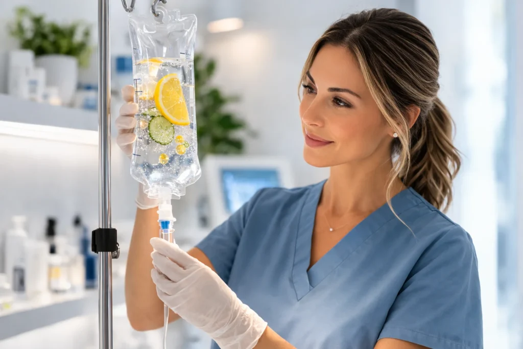 Nurse preparing Immunity Boost IV therapy with vitamin C infusion to strengthen the immune system