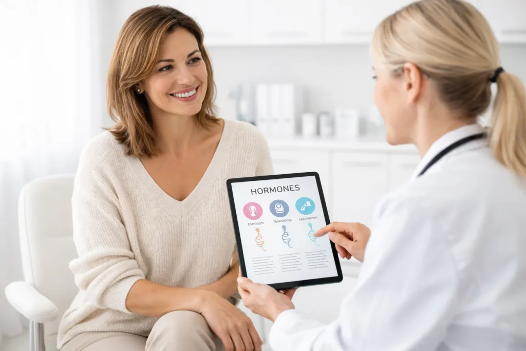 Doctor explaining hormone replacement therapy (HRT) options to a patient.