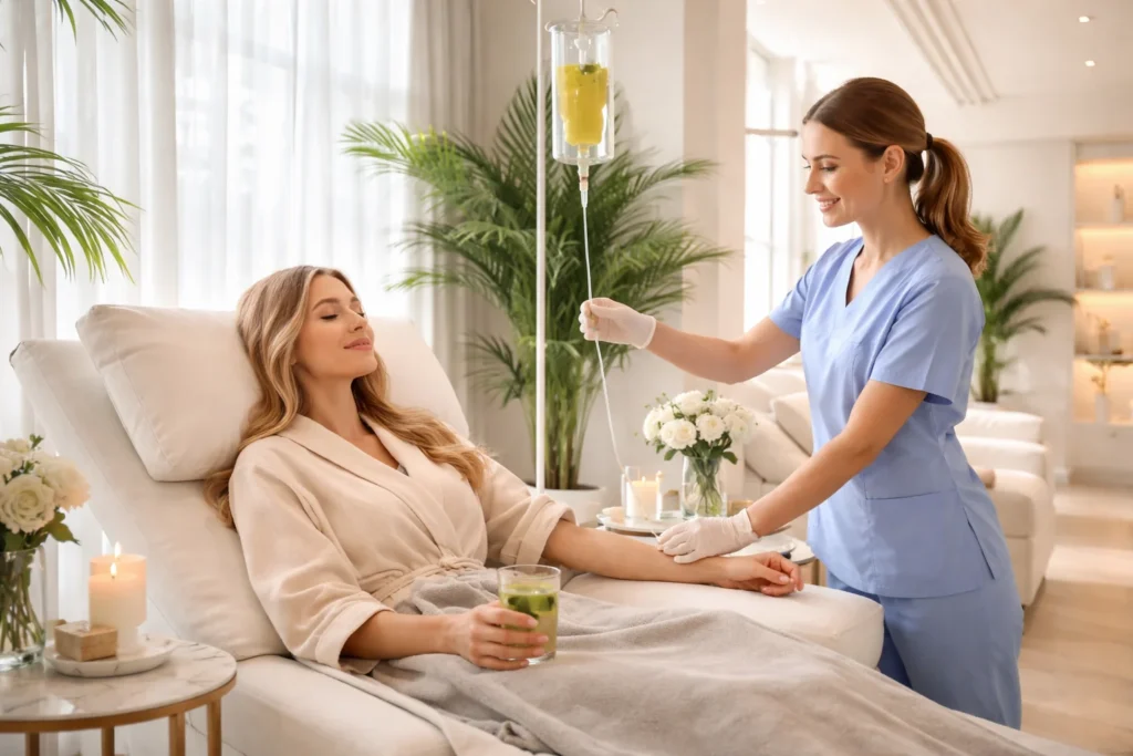 Woman receiving Energy & Recovery IV therapy to combat fatigue and enhance physical performance