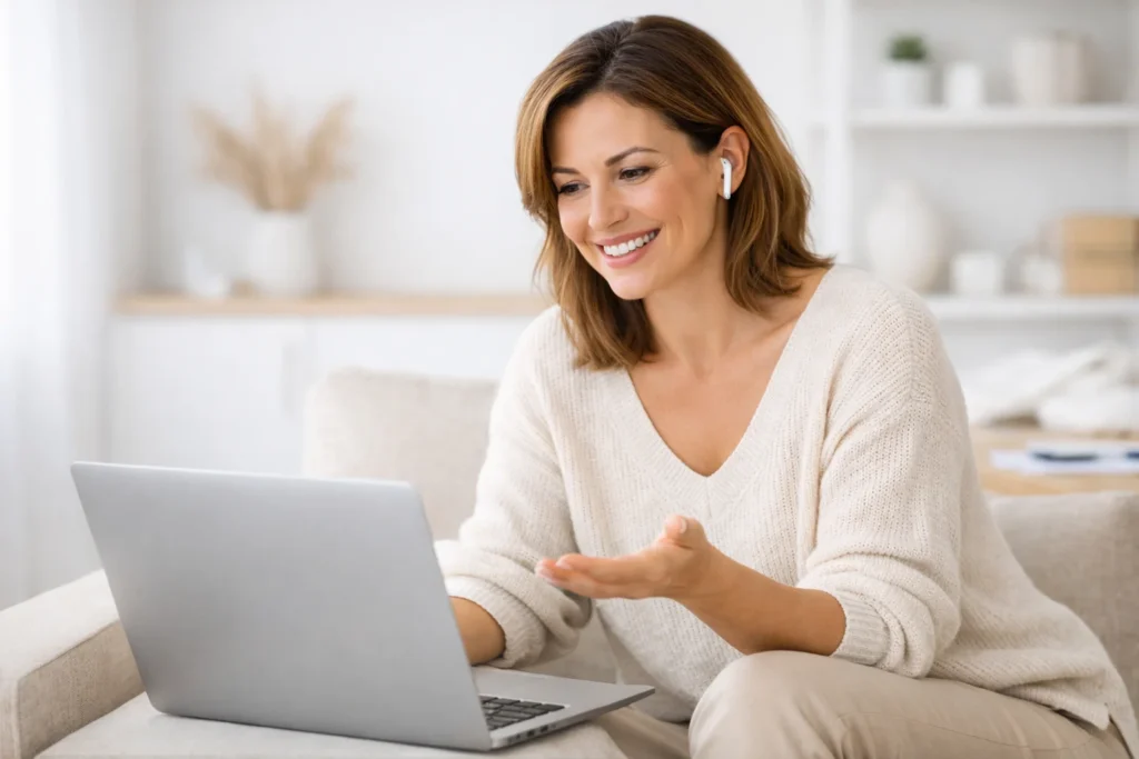 Woman engaging in a wellness and preventive care consultation via laptop.